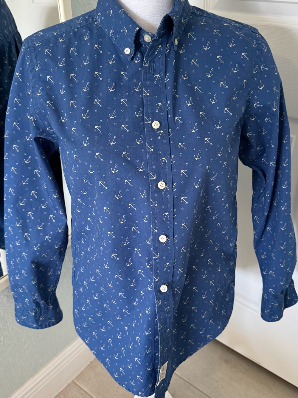 Ralph Lauren Blue Anchor Print Button Down Shirt Boys L 14-16 Women XS S